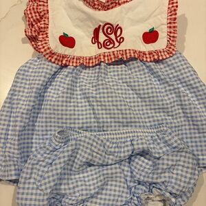Monogrammed Baby Bib with Red Trim and Blue Gingham, MCS, 3T